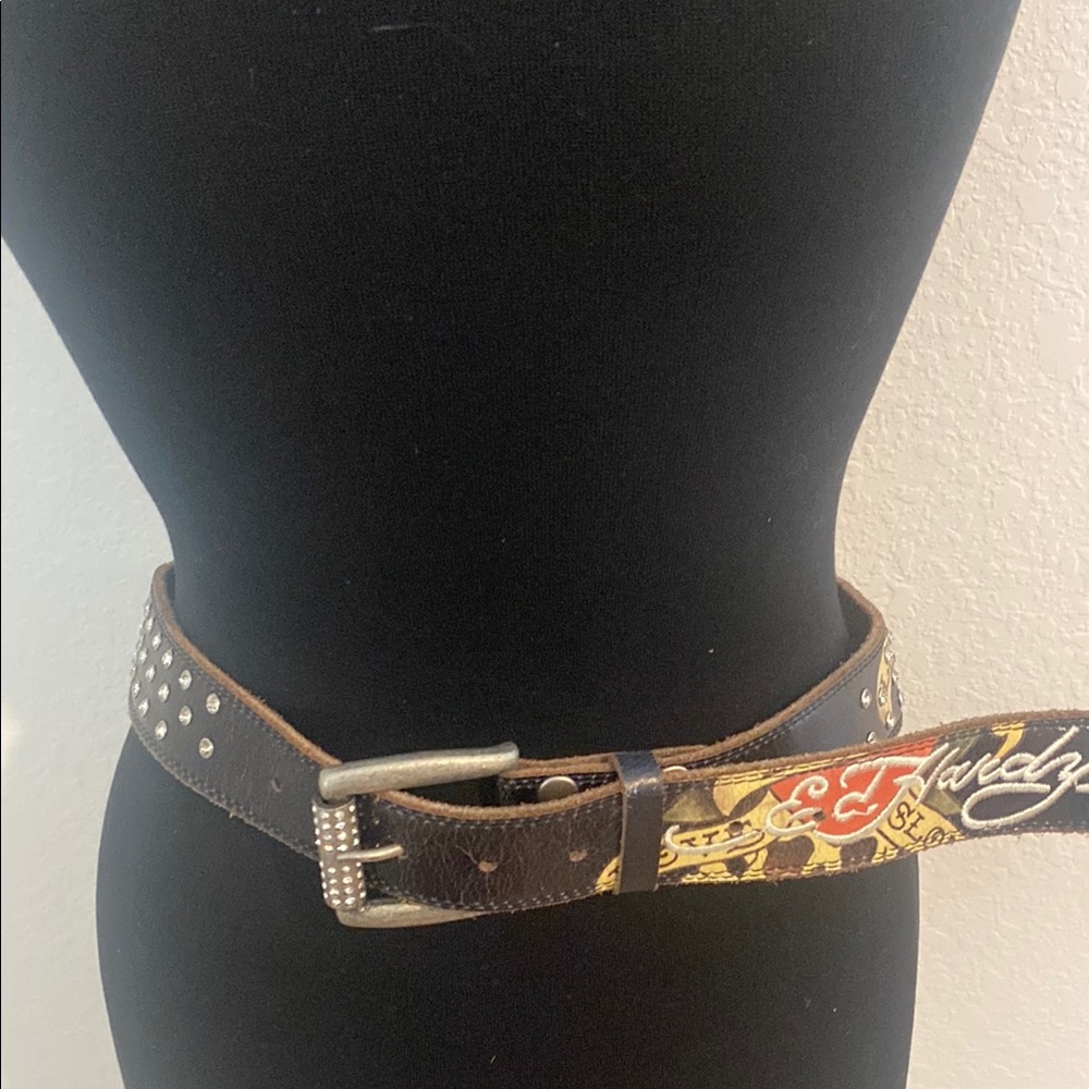Ed Hardy Graphic Leather Belt with Studs